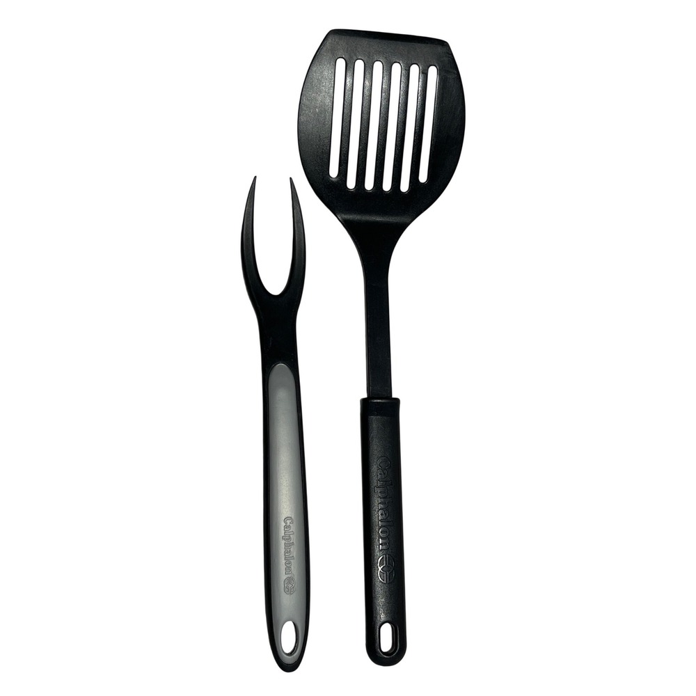 Calphalon Slotted Turner Spatula & Meat Fork Set Black Heat‎ Resistant 400F USA
